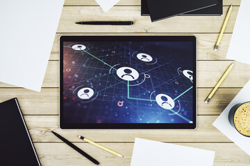 Modern digital tablet screen with social network icons concept. Networking concept. Top view. 3D Rendering