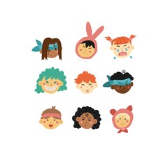 Obraz premium Hand drawn kids faces in line art style, modern minimalism art, bundle of smiling faces of boys and girls with different hairstyles, skin colors and ethnicities