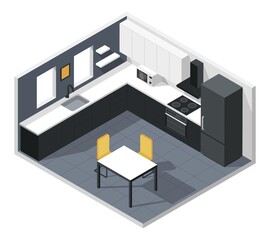 Fototapeta premium Isometric kitchen. Modern kitchen room interior with furniture and appliances. Refrigerator, oven, microwave, table, chairs. 3d vector interior. Elegant and stylish black and white furnishing