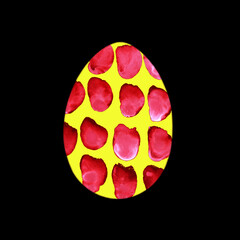 Easter egg - animal print with stains, isolated on black background. Simple red and yellow boho watercolor. Design for background, cover and packaging, Easter and food illustration, greeting card.