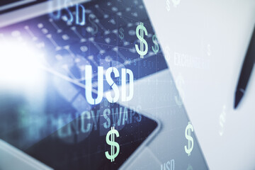 Creative concept of EURO USD symbols illustration on modern laptop background. Trading and currency concept. Multiexposure