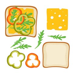 Sandwich Ingredients. Sandwich with paprika, cheese, arugula. Snack. Overhead view of isolated Breakfast snacks on toast vector flat. For menu, cafe, restaurant, poster, banner, emblem, sticker