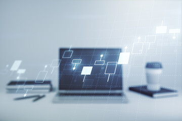 Abstract creative financial graph on modern laptop background, forex and investment concept. Multiexposure