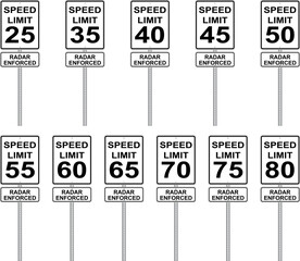 Collection of Speed Limit - Radar Enforced street signs - Vector Illustration