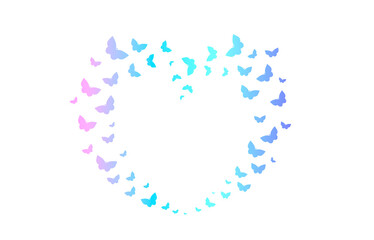 Heart frame of butterflies, gradient picture, isolate on a white background. Pattern silhouette of butterflies in trending colors: pink, green, blue, violet.