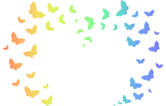 Rainbow frame of butterflies, gradient picture, isolate on a white background. Butterfly silhouette in trendy colors.
