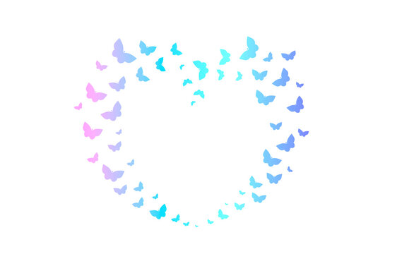 Heart frame of butterflies, gradient picture, isolate on a white background. Pattern silhouette of butterflies in trending colors: pink, green, blue, violet.