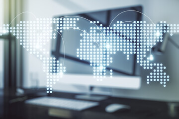 Abstract creative world map with connections on modern laptop background, international trading concept. Multiexposure
