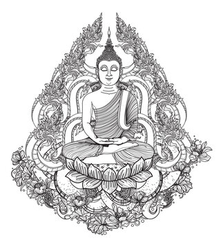Tattoo art buddha and thai dargon hand drawing and sketch