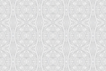 3D volumetric convex embossed geometric white background. Ethnic pattern with the exclusive national color of the peoples of India. Traditional ornament for wallpaper, website, textile, presentation.