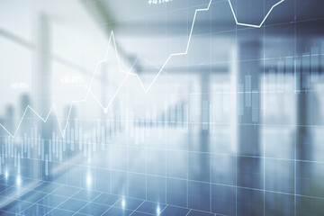 Multi exposure of abstract virtual financial graph hologram on empty corporate office background, forex and investment concept