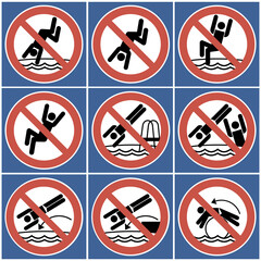 Jumping into the water is prohibited. A set of signs.
Round poster, symbolic image of a person, flat, two-color, red and black. - 435679975