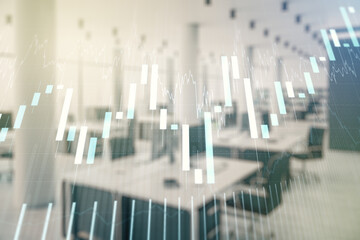Multi exposure of virtual abstract financial graph interface on a modern furnished classroom background, financial and trading concept