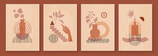 Modern Abstract Art Organic Illustration. Set of aesthetic bauhaus painting wall art for house decoration. Minimalistic canvas background design. Vector wall art shapes in boho style.