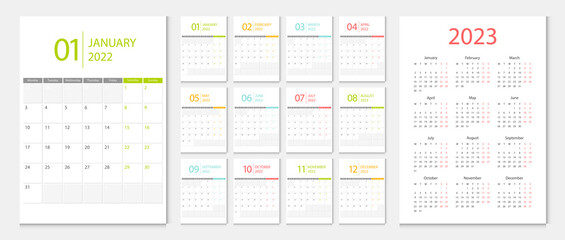 Calendar 2022, calendar 2023 week start Monday corporate design template vector. - 435680188