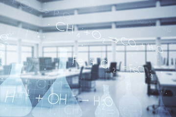 Abstract virtual creative chemistry hologram on a modern furnished office background. Multiexposure