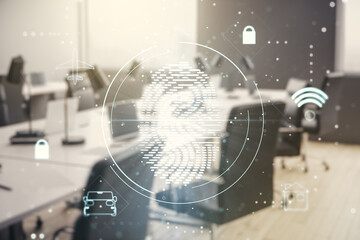 Abstract virtual fingerprint hologram on a modern furnished office background. Multiexposure