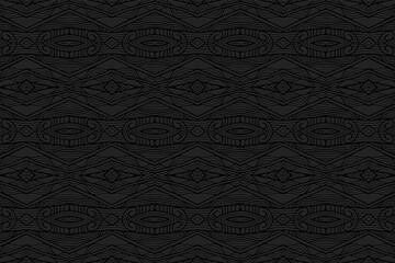 3D volumetric convex embossed geometric black background. Ethnic pattern with the exclusive national color of the peoples of India. Beautiful unique ornament for wallpaper, website, textile.