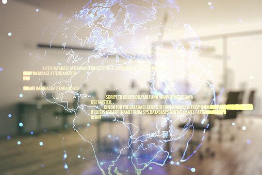 Double exposure of abstract programming language hologram and world map on modern corporate office background, research and development concept