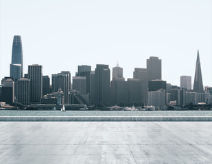 Obraz na płótnie Canvas Empty concrete dirty embankment on the background of a beautiful San Francisco city skyline at morning, mock up