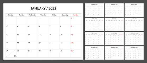 Calendar 2022 week start Monday corporate design template vector.