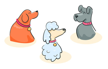 Conceptual illustration of domestic dog set with collars. Sketch of several breeds of dogs labrador, terrier, poodle. Colored characters friends of people on white background vector