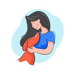 Girl hug dog. Female hugging puppy with love, pretty friendship of man and pet, handwriten flat sketch isolated on white background with halftone color elements, vector illustration