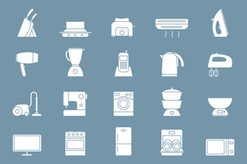 Home machines Icons set - Vector silhouettes of refrigerator, vacuum, microwave, blender, oven, kettle and other appliances for the site or interface