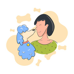 Girl hug poodle dog. Female hugging puppy with love, pretty friendship of man and pet, handwriten flat sketch isolated on white background with halftone color elements, vector illustration