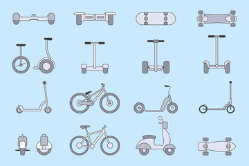 Electric transport Icons set - Vector color symbols of scooter, skate, skateboard and bike for the site or interface