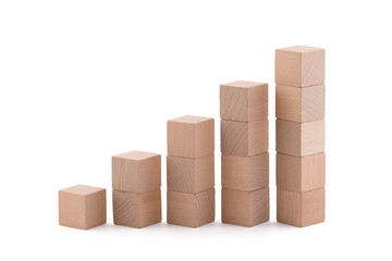 Rising wooden square blocks on white background with clipping path