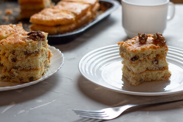 Fresh cake and delicious pastries. Piece of cake. Delicious dessert. Copy space