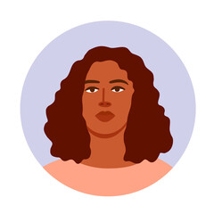 Vector illustration with beautiful female person. Avatar curly brunette female character for social media. Flat icon design of young woman for business account in flat cartoon style