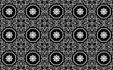 Black white geometric background. Ethnic pattern of the peoples of the East and Asia. Contemporary doodling style with swirls and flowers. Template for wallpaper, stained glass, presentations, textile