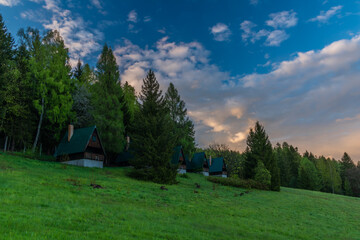 Nejdek town after spring rain in sunset evening time