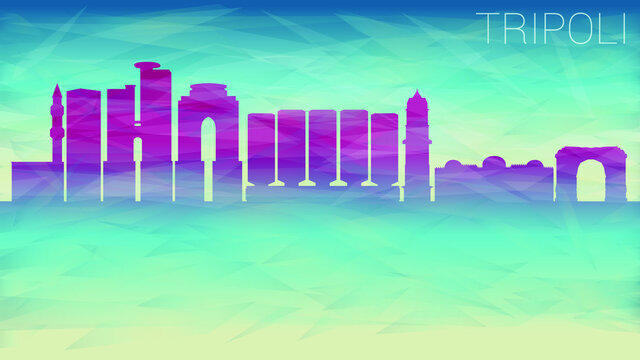 Tripoli Libya Skyline City Silhouette. Broken Glass Abstract Geometric Dynamic Textured. Banner Background. Colorful Shape Composition.