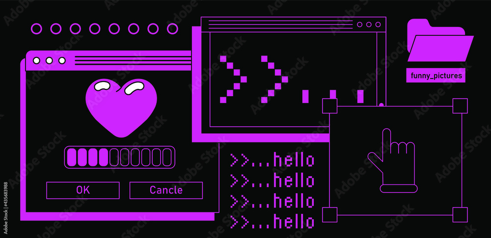 Aufkleber Retrowave style desktop with message boxes, terminal console window and user interface elements. Retro OS in vaporwave 80's vintage stylization.
