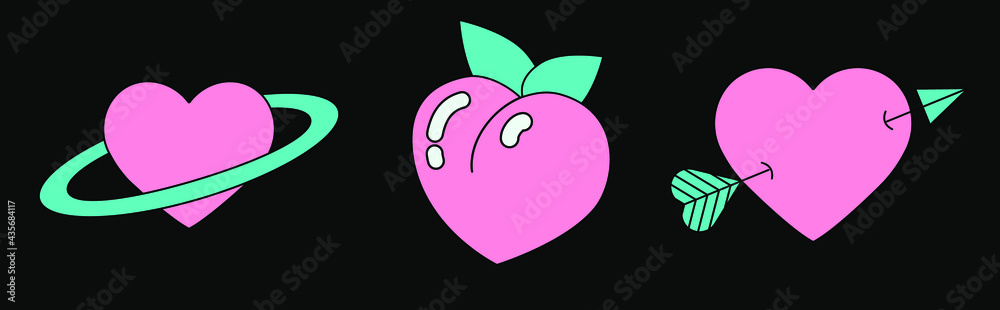 Poster set of heart emblems. designs for stickers and patches in retro 90's cartoon style.