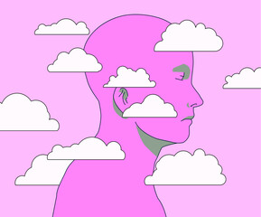 Man's head in the clouds. Conceptual vector illustration about psychology, mindfulness and meditation.