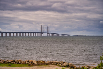 The Bridge over the Sound between Copenhagen and Malmo with a beautiful, dramatic sky in the background. Picture from Malmo, Sweden
