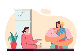 Two women feeding child vector illustration. Female character holding little boy, young girl giving him food. Everyone smiling. Child care concept for banner, website design or landing web page