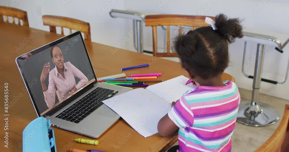 Canvas Prints African american girl doing homework while having video call with female teacher on laptop at home