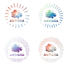 Antigua low poly sunburst set. Logo of island in geometric polygonal style. Vector illustration.