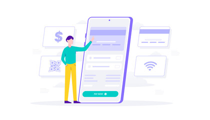 Online shopping and payment method with smartphone. Man click payment method credit card. Flat Illustration suitable for user interface, ui, ux, web, mobile, banner and infographic.