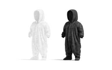 Blank black and white kid plush jumpsuit with hood mockup