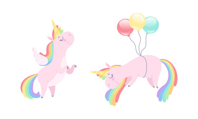 Cute Unicorns Set, Lovely Pink Unicorn with Rainbow Mane Cartoon Vector Illustration