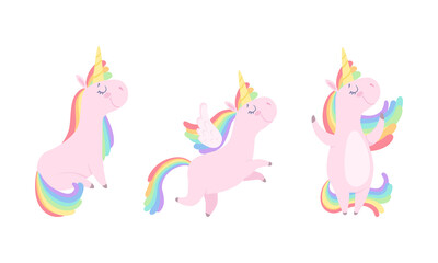 Fototapeta na wymiar Cute Unicorns Set, Lovely Pink Baby Unicorn with Rainbow Mane in Various Poses Cartoon Vector Illustration