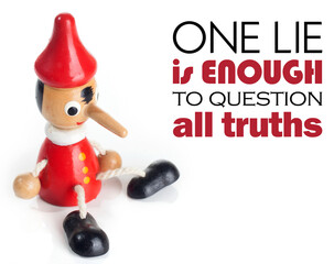 Quote about Lie with Pinocchio doll. Trust and honest messages.
