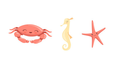 Cute Sea Creatures Set, Seahorse, Crab, Starfish Cartoon Vector Illustration