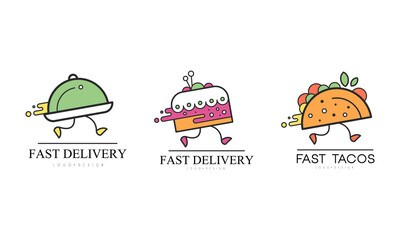 Fototapeta premium Fast Delivery Logo Design Set, Food Service, Cafe, Restaurant, Catering Business Labels, Badges Cartoon Vector Illustration
